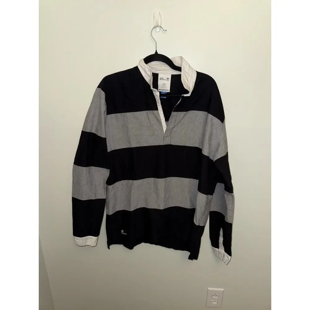 Adidas Shirt Mens L Striped Cotton Long Sleeve David Beckham Rugby Polo